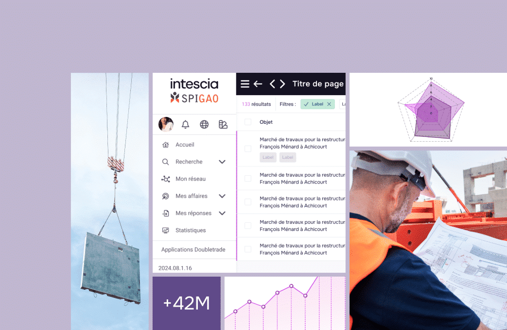 Mockup de la solution Spigao par Intescia pour la veille construction et la détection d'opportunités d'affaires.