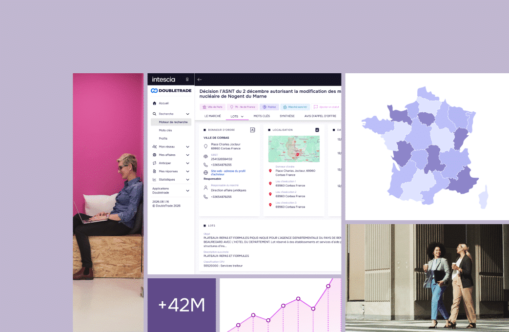 Mockup de la solution Doubletrade par Intescia pour la veille BtoB et le développement commercial.