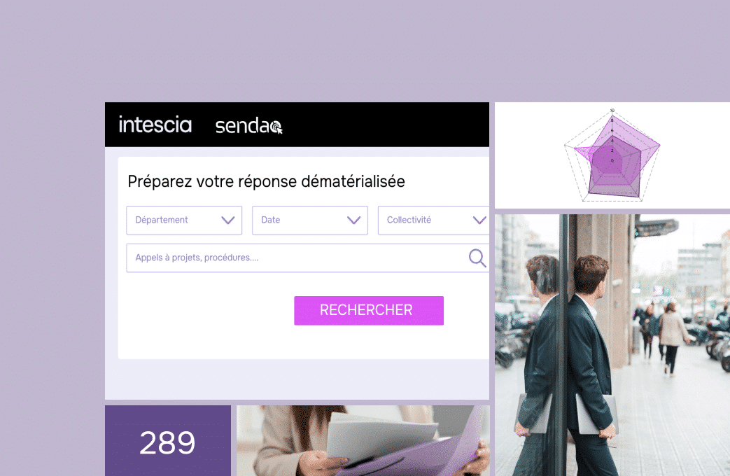 Mockup de la solution Sendao par Intescia pour l'intelligence territoriale et les marchés publics.