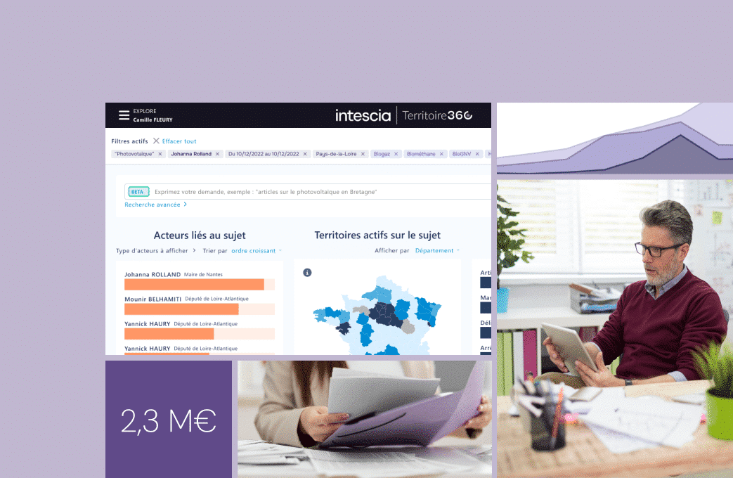 Mockup de la solution Territoire360 par Intescia pour la veille et la détection d'appels d'offres publics.